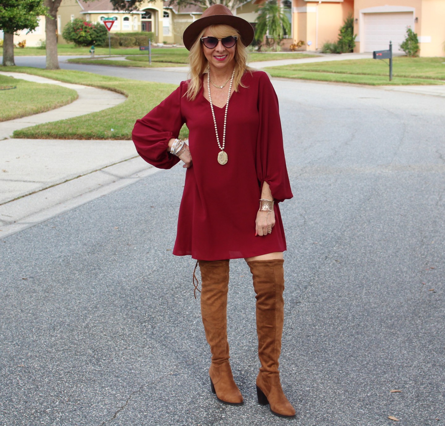 Burgundy Dress + Tall Boots