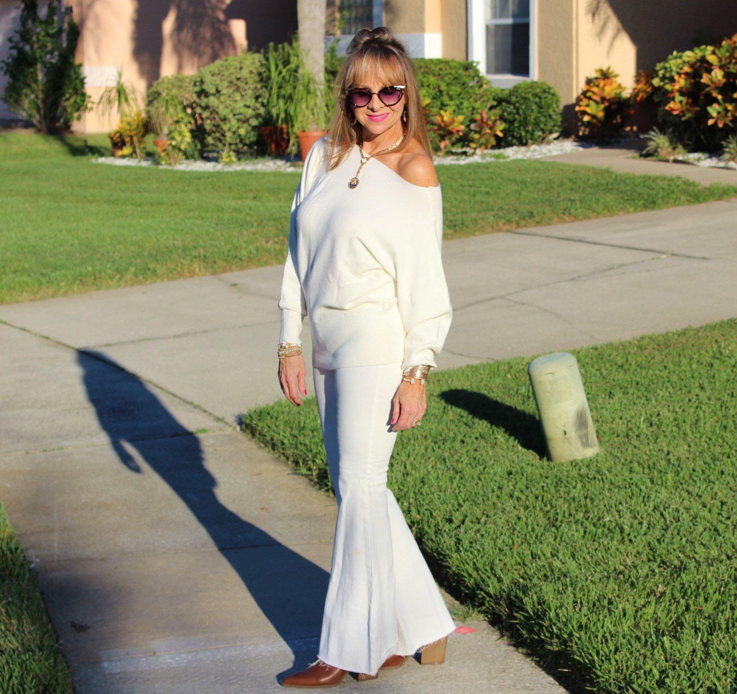 Cream Flare Pnats + Off The shoulder Sweater