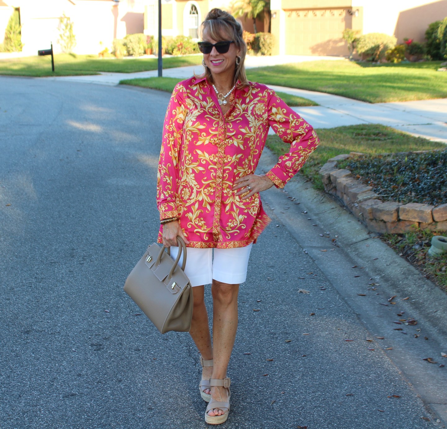 White Shorts + Pink Scroll Tunic Top
