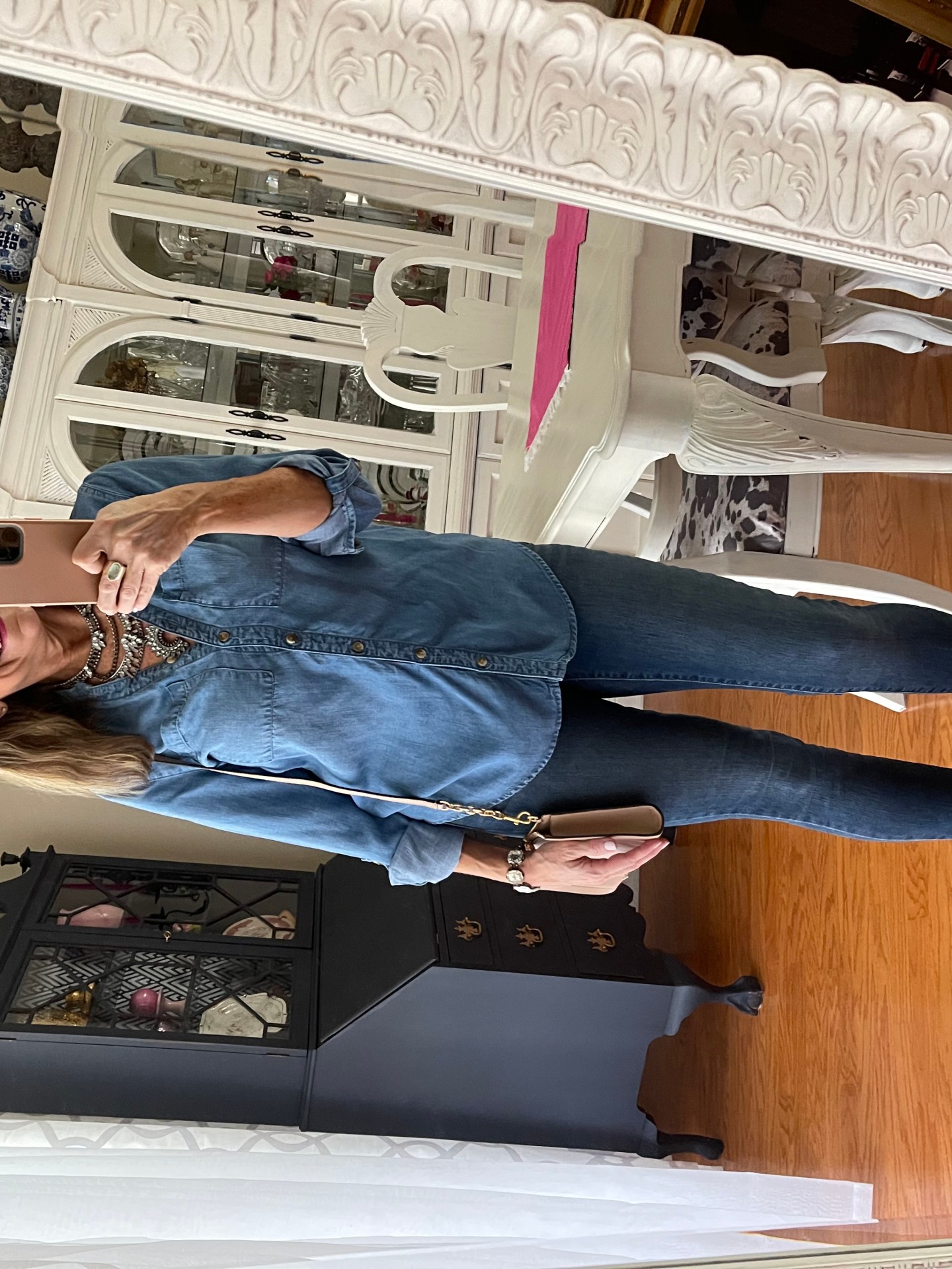 Skinny Jeans + Chambray Shirt +Nude Heel