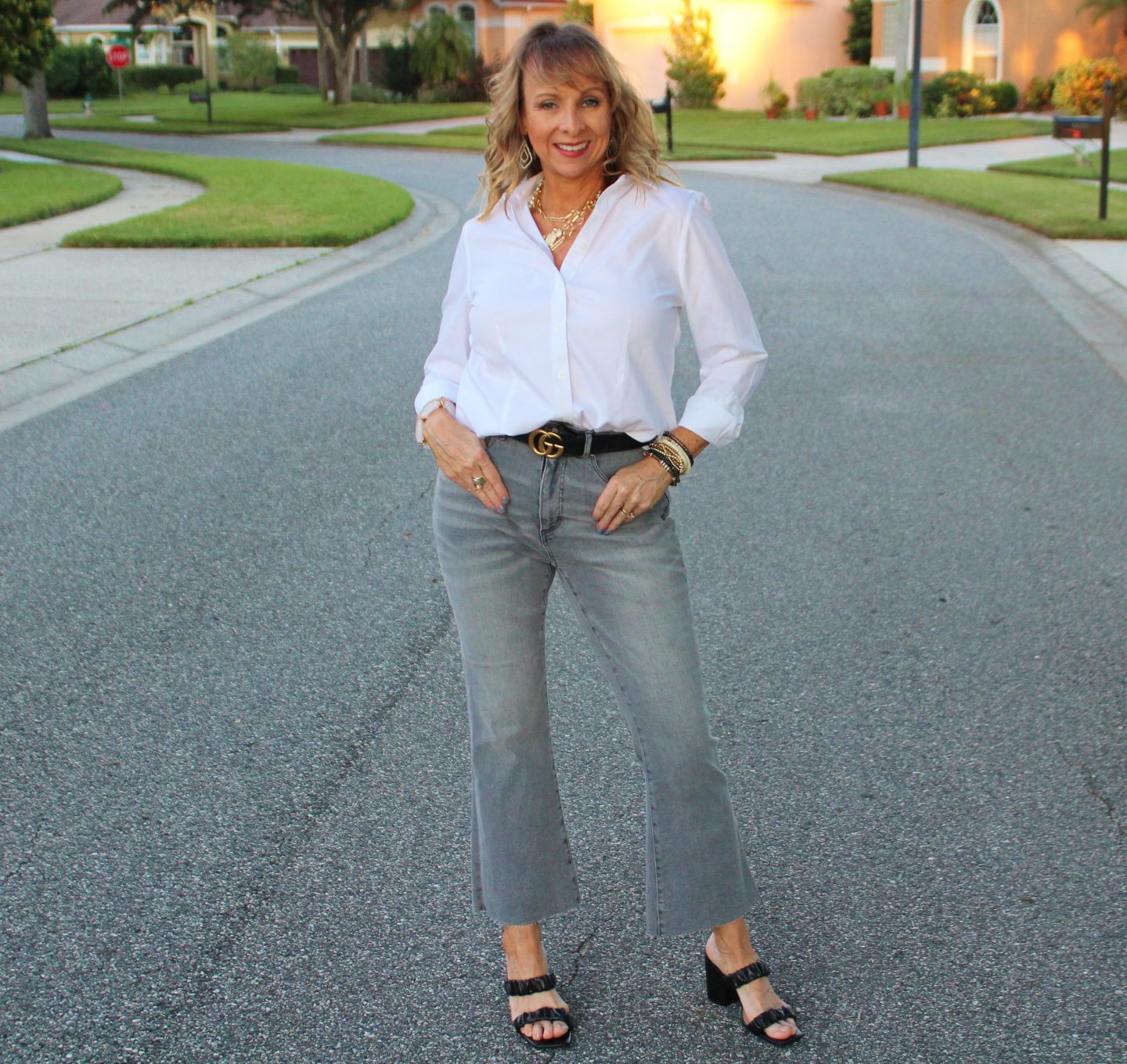White Shirt + Grey Denim + Gucci Belt 