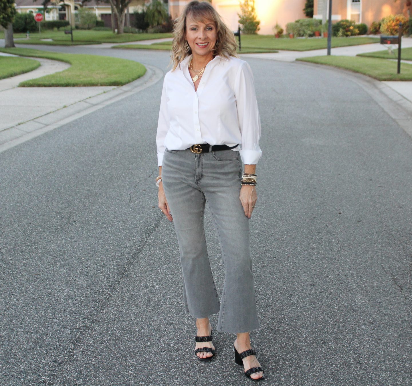 White Shirt + Grey Denim + Gucci Belt