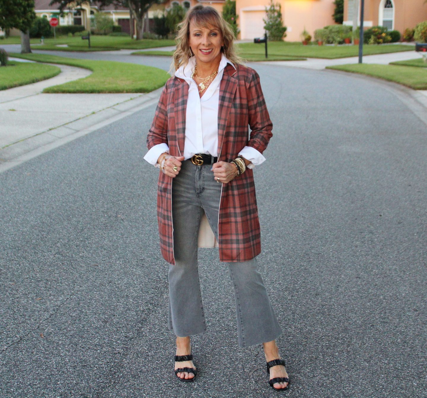 White Shirt + Grey Denim + Gucci Belt + Plaid Jacket