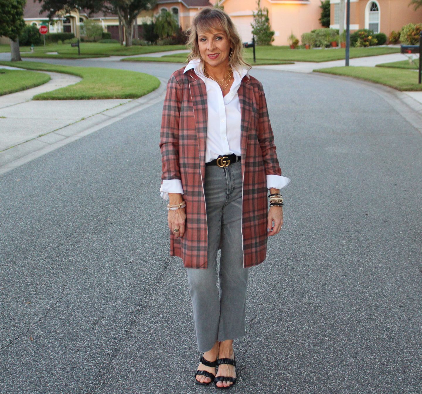 White Shirt + Grey Denim + Gucci Belt + Plaid Jacket