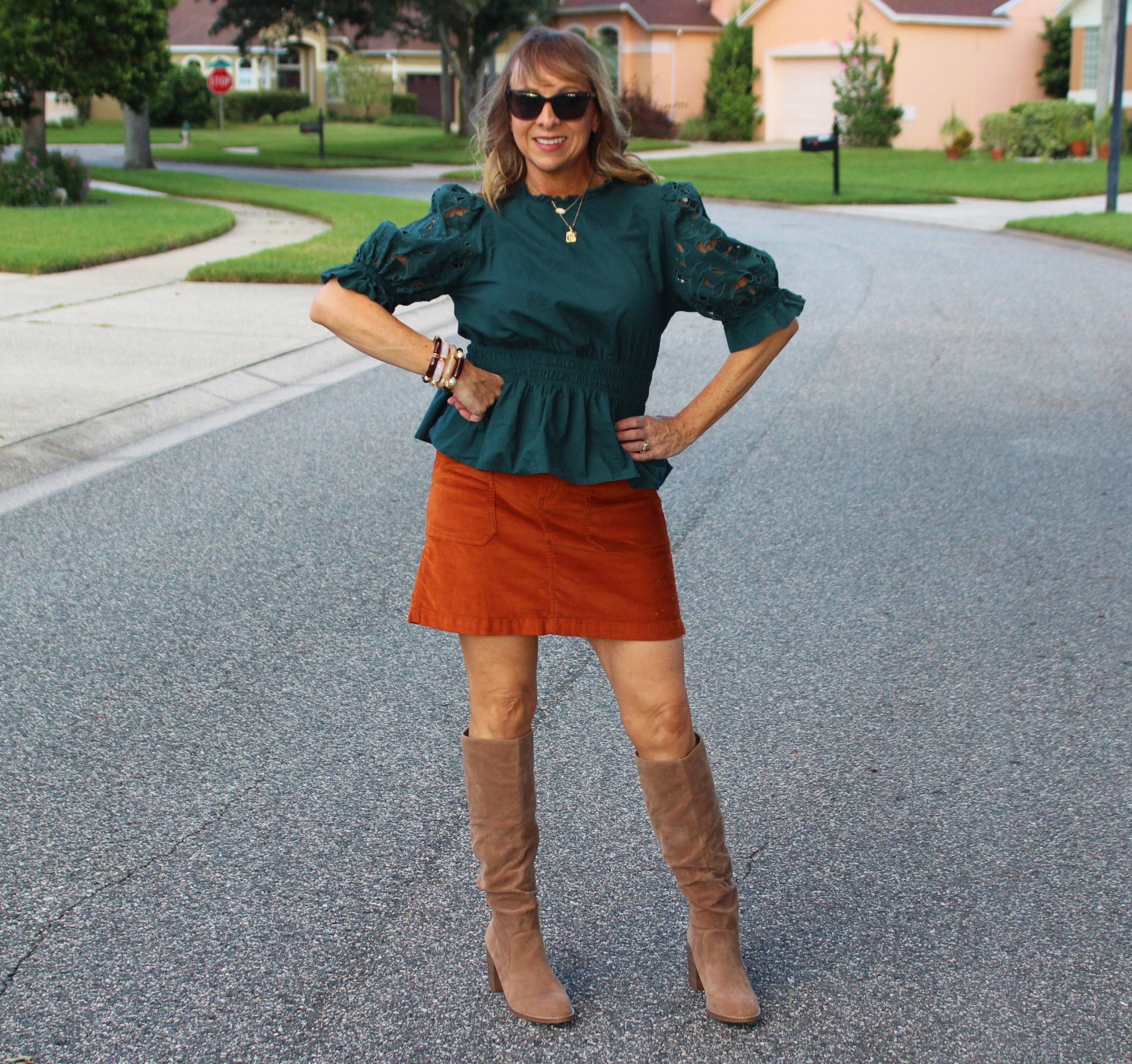 Rust Corduroy Skirt + Knee Boots