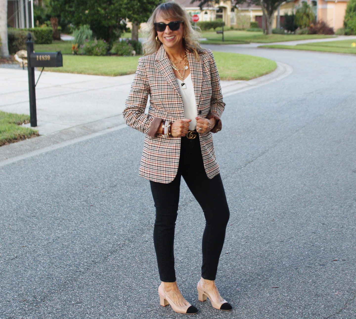 Plaid Blazer + White Cami + Black Denim + Cap Toe Sling Backs + Gucci Belt
#wardrobebasics #falloutfits