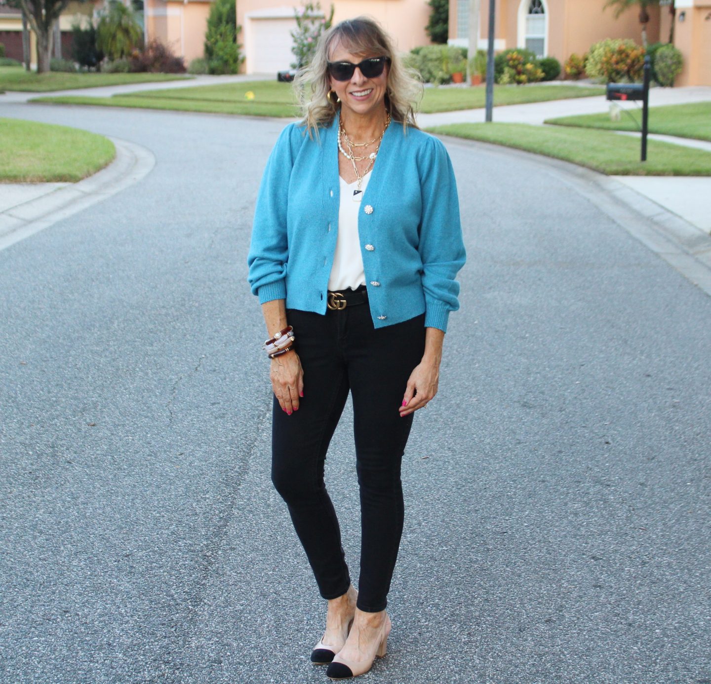 Embellished Cardigan + White Cami + Black Denim + Cap Toe Sling Backs + Gucci Belt
#wardrobebasics #falloutfits