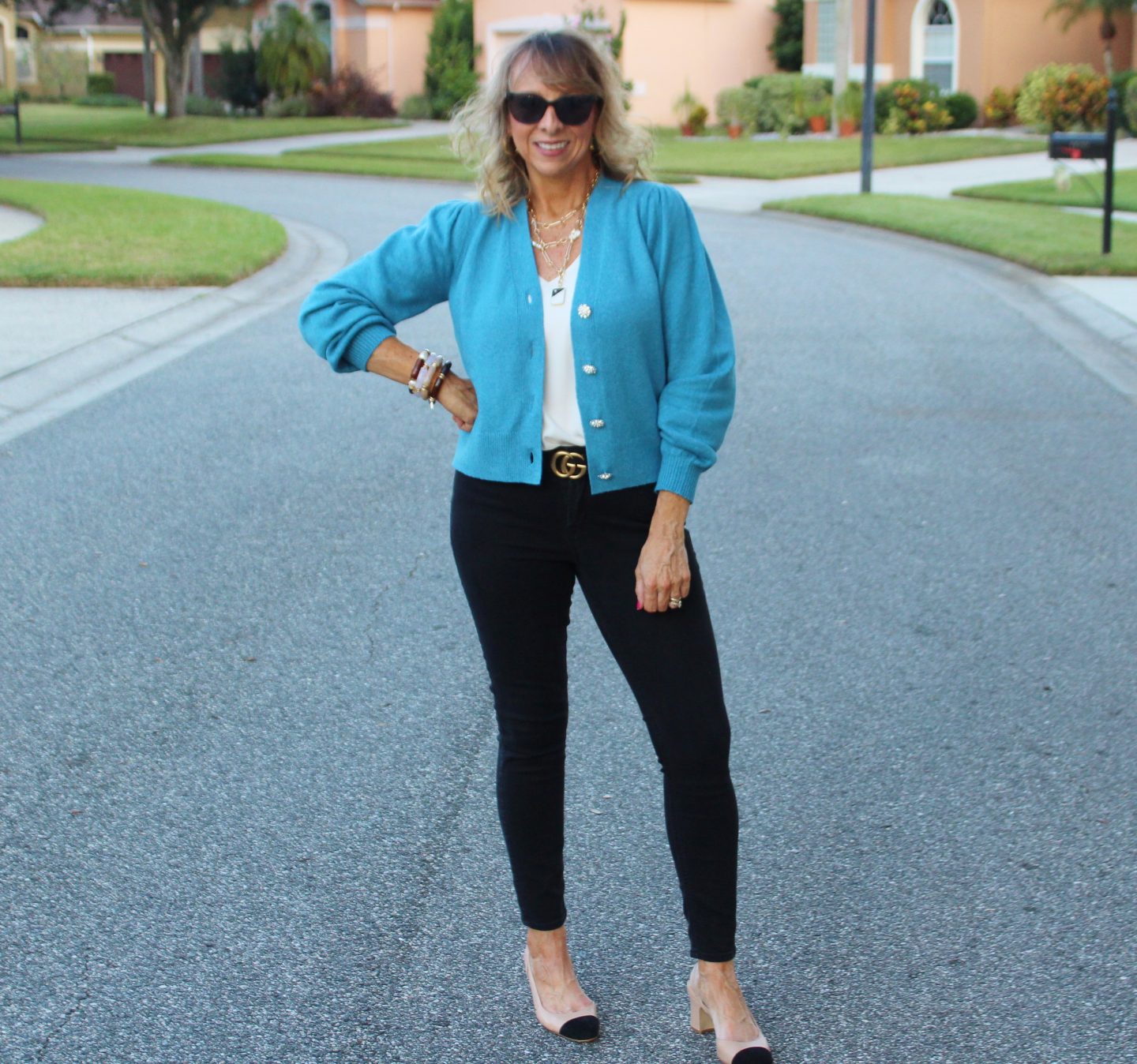 Embellished Cardigan + White Cami + Black Denim + Cap Toe Sling Backs + Gucci Belt
#wardrobebasics #falloutfits