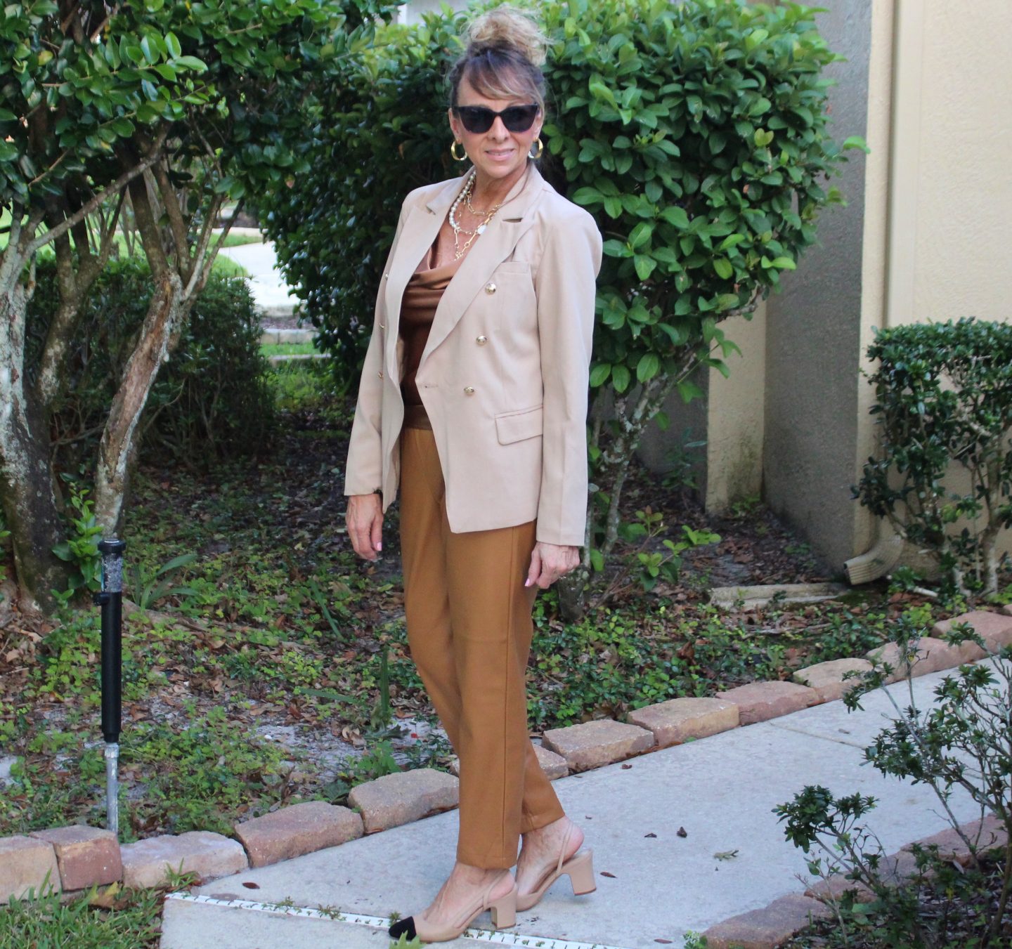 Camel Blazer + Cami + Faux leather slim pants + Cap Toe Slingbacks
#workwear #fallfashion #fauxleather