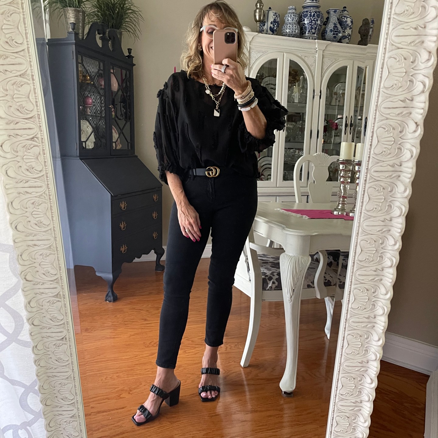 Black sheer top + Black Skinny Jeans + Gucci Belt