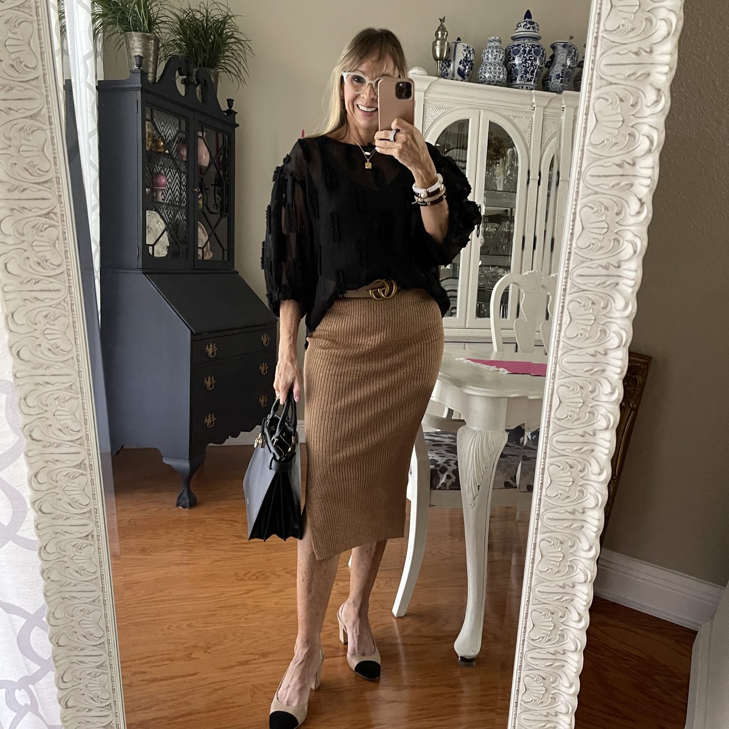 Knit skirt + sheer black blouse + cap toe sling backs + Michael Kors satchel purse
#fallfashion #knitskirt