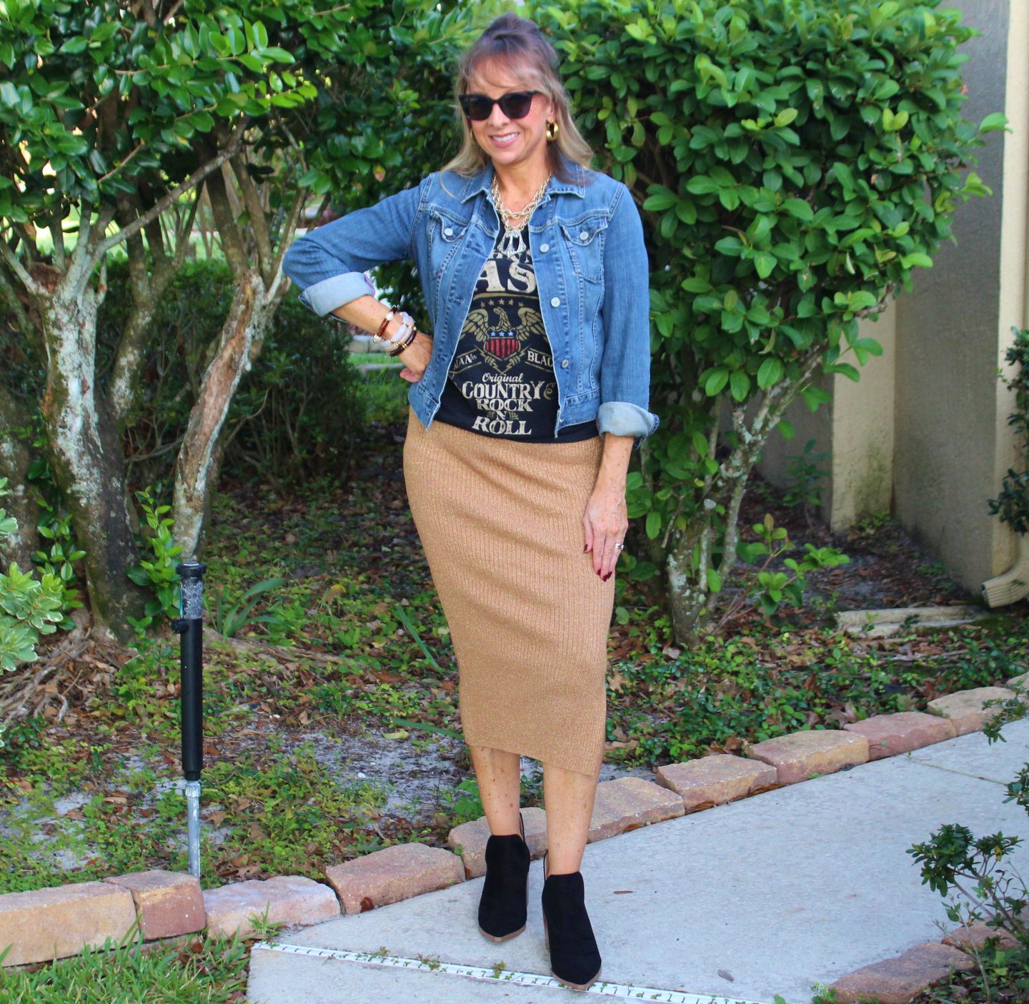 Denim Jacket + Knit Skirt + Graphic Tee + Booties
#walmart #falloutfitideas