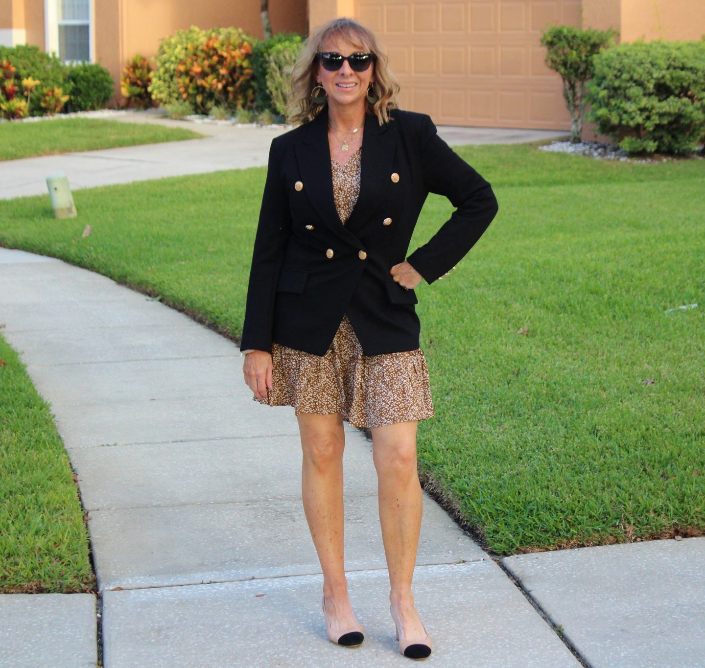 Elastic waist short dress + Double Breasted Black Blazer + Cap Toe Slingbacks
#falloutfit #falloutfitideas #falldress