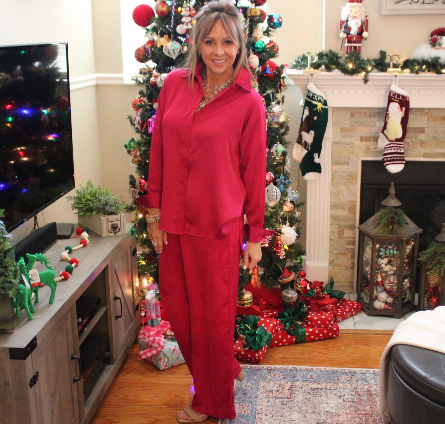 satin blouse + sating pull on pants + statement necklace + braided heels
#christmasoutfits #holidaylooks