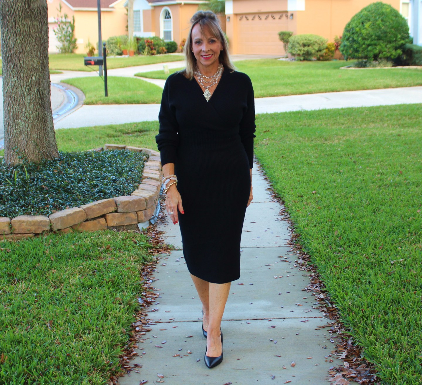 Black Faux Wrap Top Midi Sweater dress + Black Heels 
#winteroutfits  #sweaterdress 