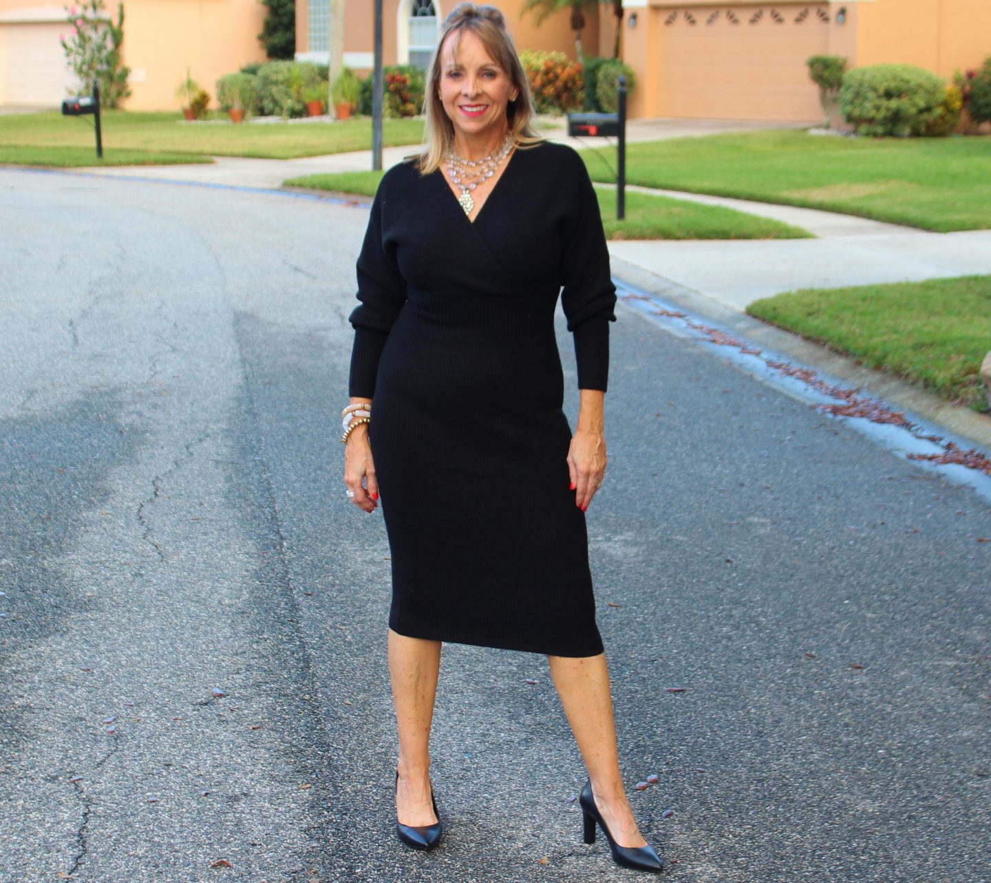 Black Faux Wrap Top Midi Sweater dress + Black Heels 
#winteroutfits  #sweaterdress 