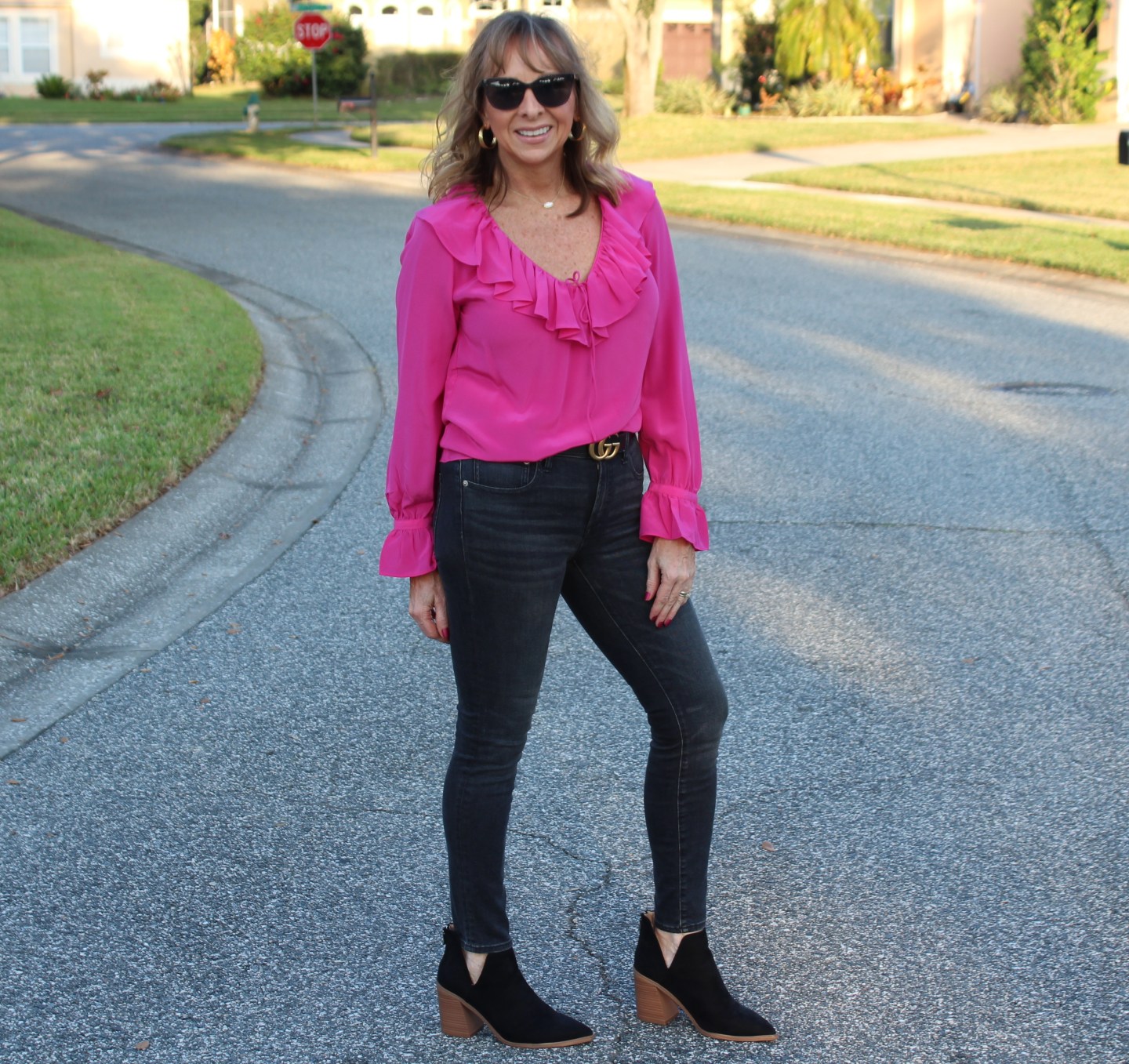 Pink Silk Blouse + Charcoal Denim