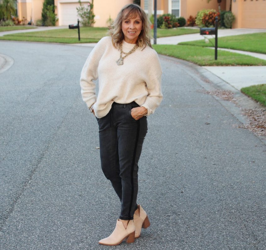 Beige Sweater + Grey Paige Denim + Neutral Bootie + Statement Necklace