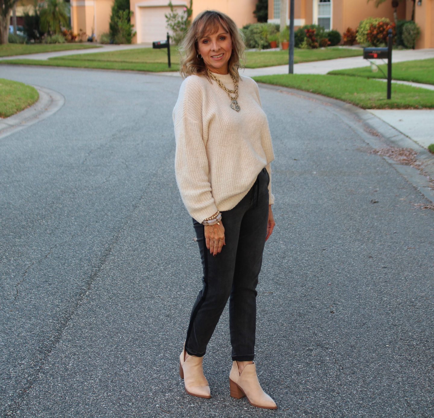 Beige Sweater + Grey Paige Denim + Neutral Bootie + Statement Necklace