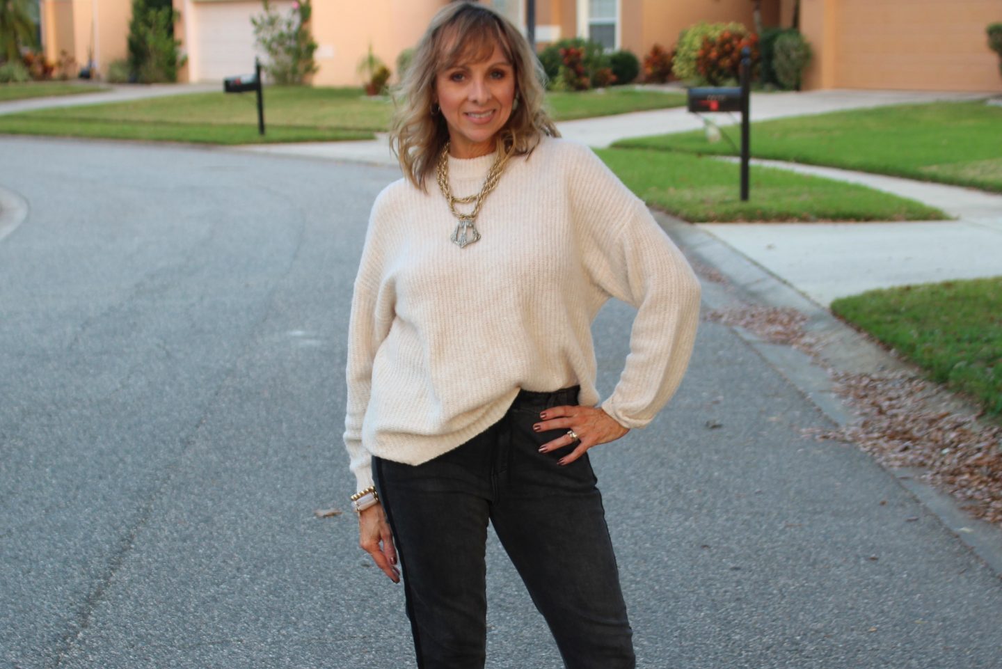 Beige Sweater + Grey Paige Denim + Neutral Bootie + Statement Necklace
