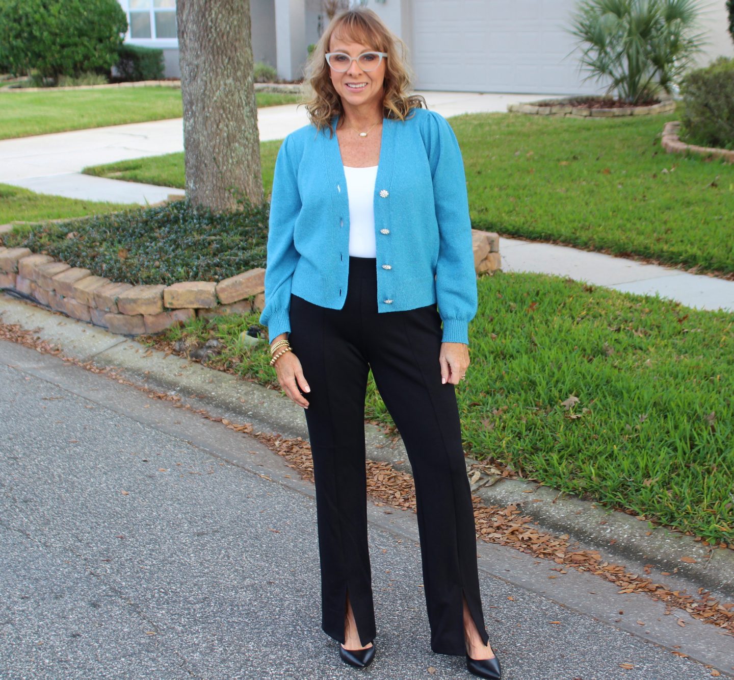 Slit Leg Pants + Cardigan + Bodysuit + Pumps