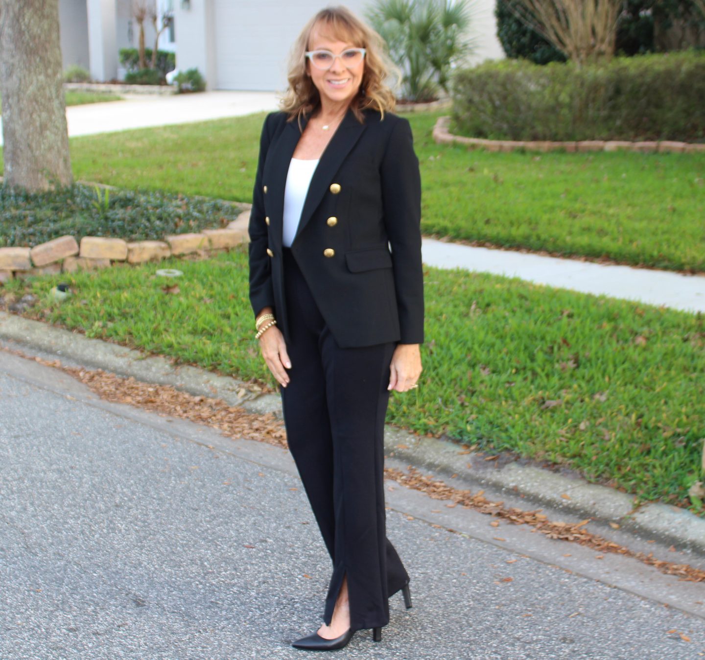 Slit Leg Pants + Bodysuit + Blazer + Pumps