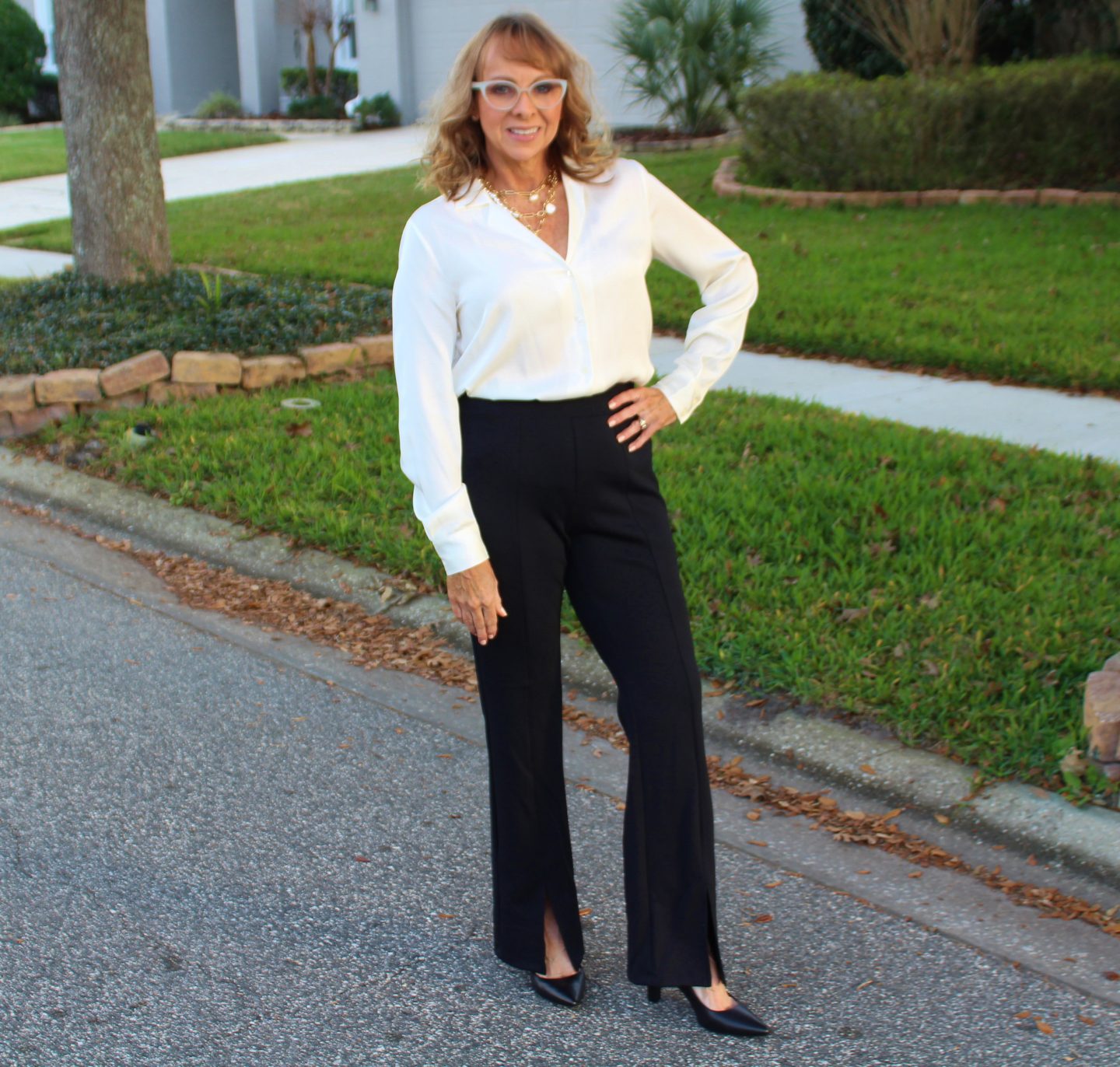 Silk Blouse + Slit Leg Pants + Pumps