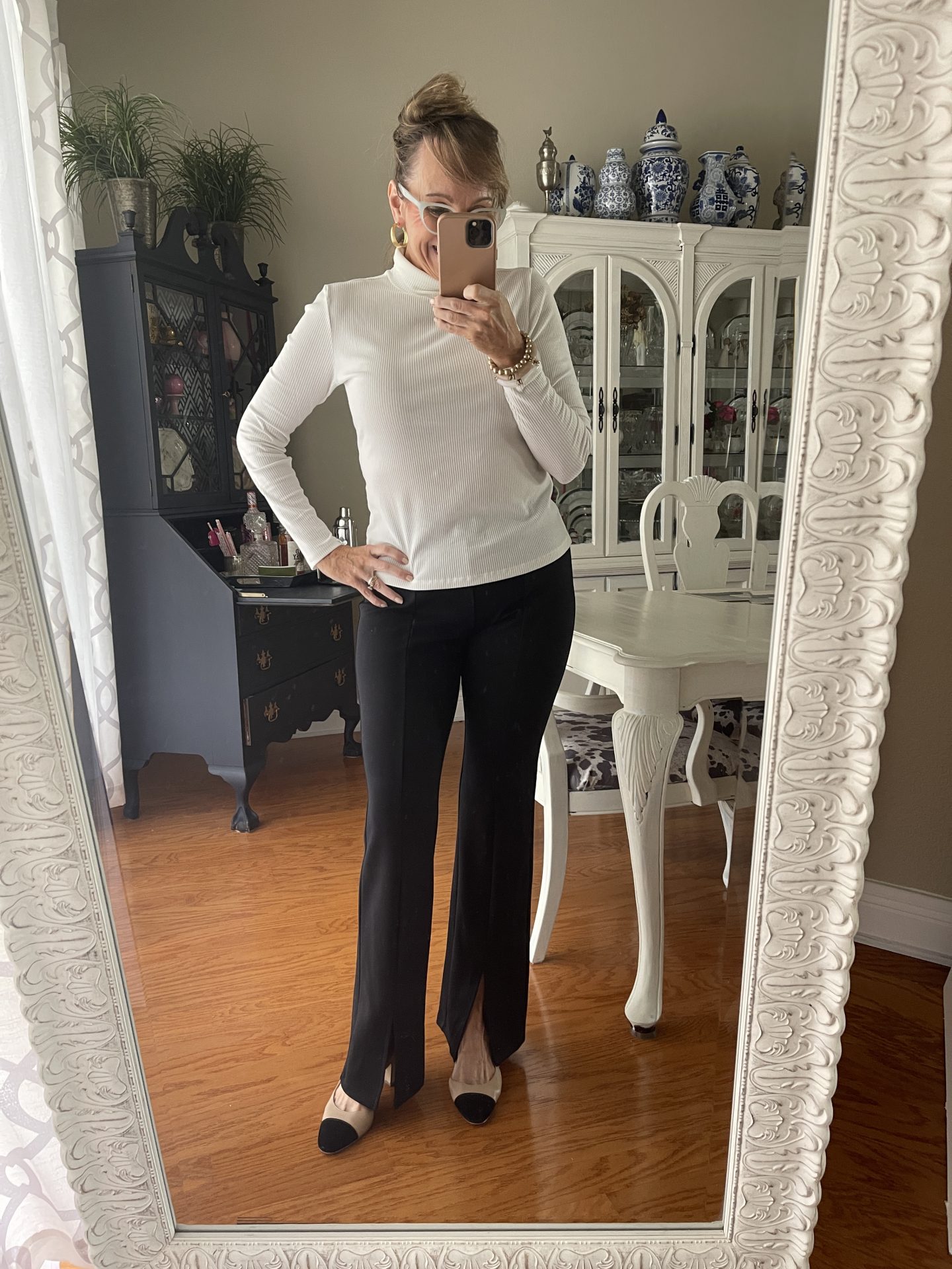 Slit Leg Pants + Turtleneck + Cap Toe Pumps