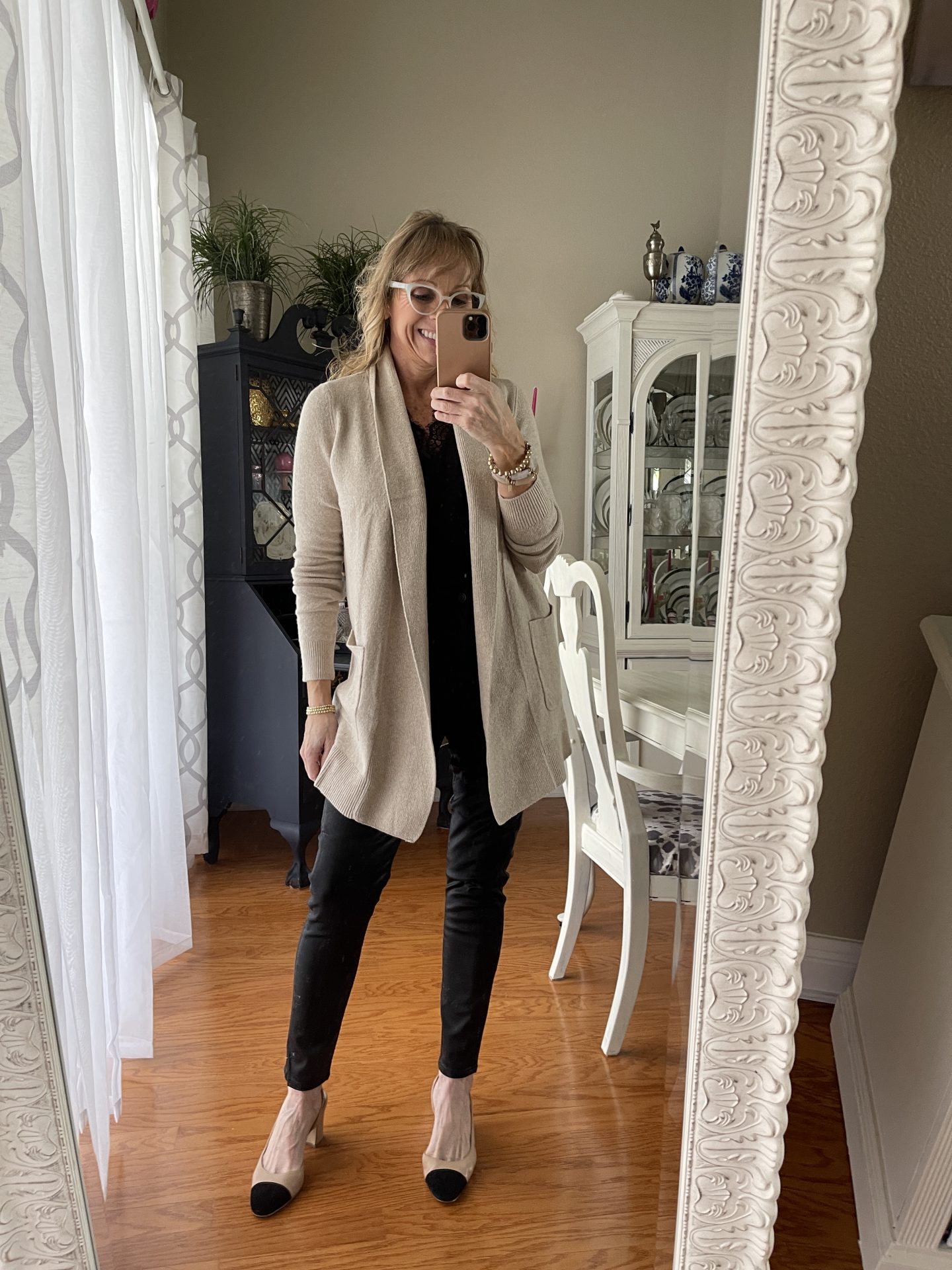 Cardigan + Black Coated denim + Cap Toe heels