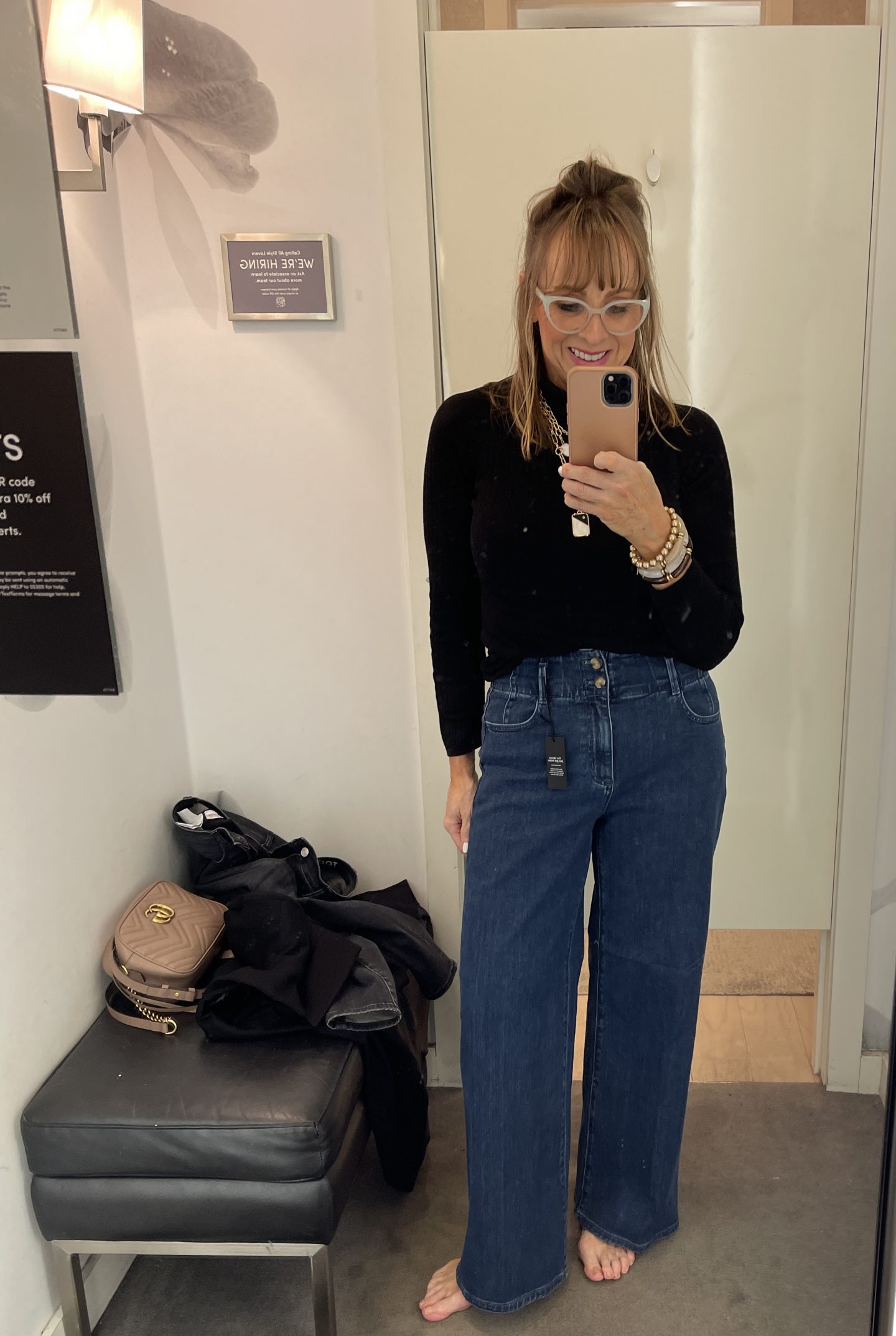 Black turtleneck + wide leg denim