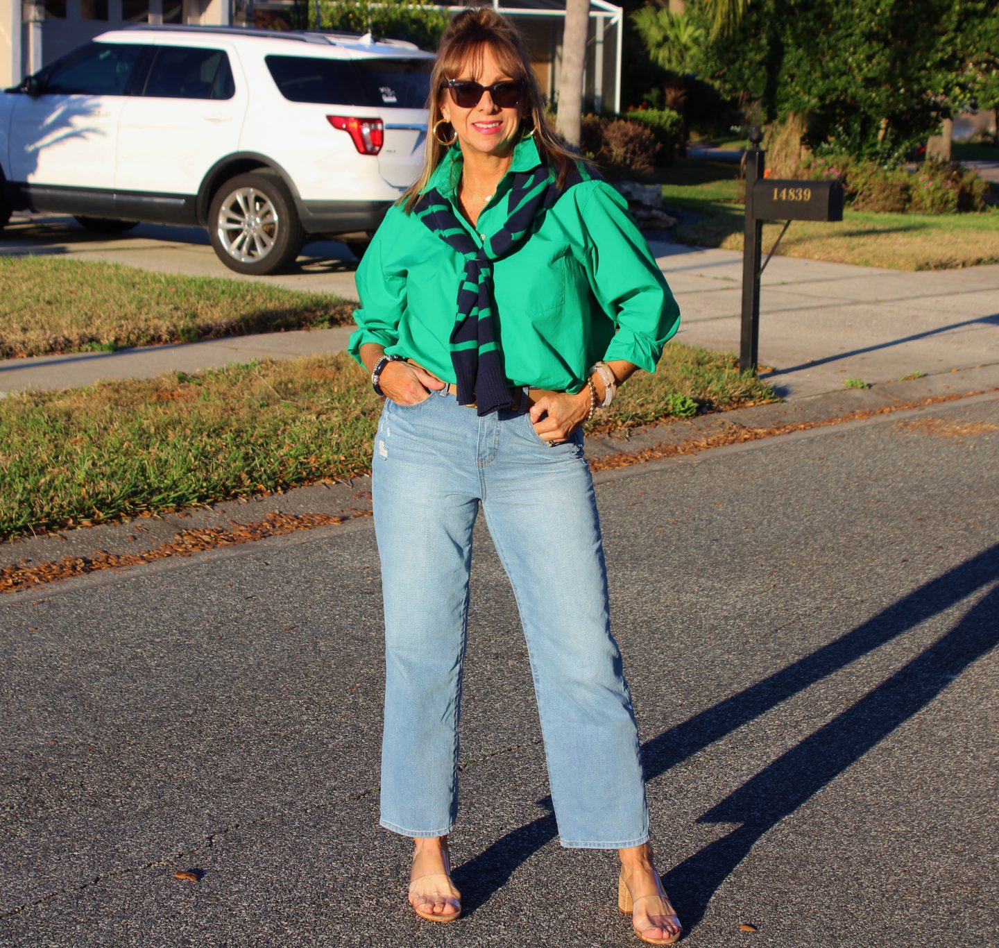 Green Shirt + Blue and Green Striped Sweater + Mom Jeans
