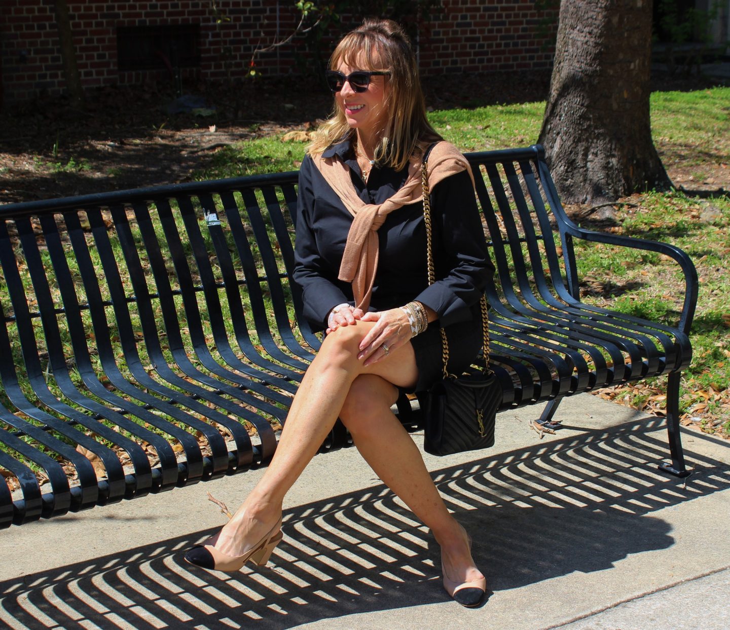Black Shirt + Black Shorts + Camel Sweater + Cap Toe Pumps
#springoutfit