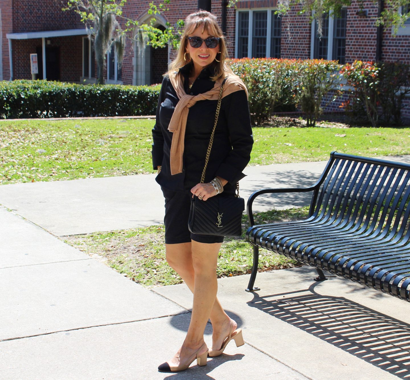 Black Shirt + Black Shorts + Camel Sweater + Cap Toe Pumps
#springoutfit
