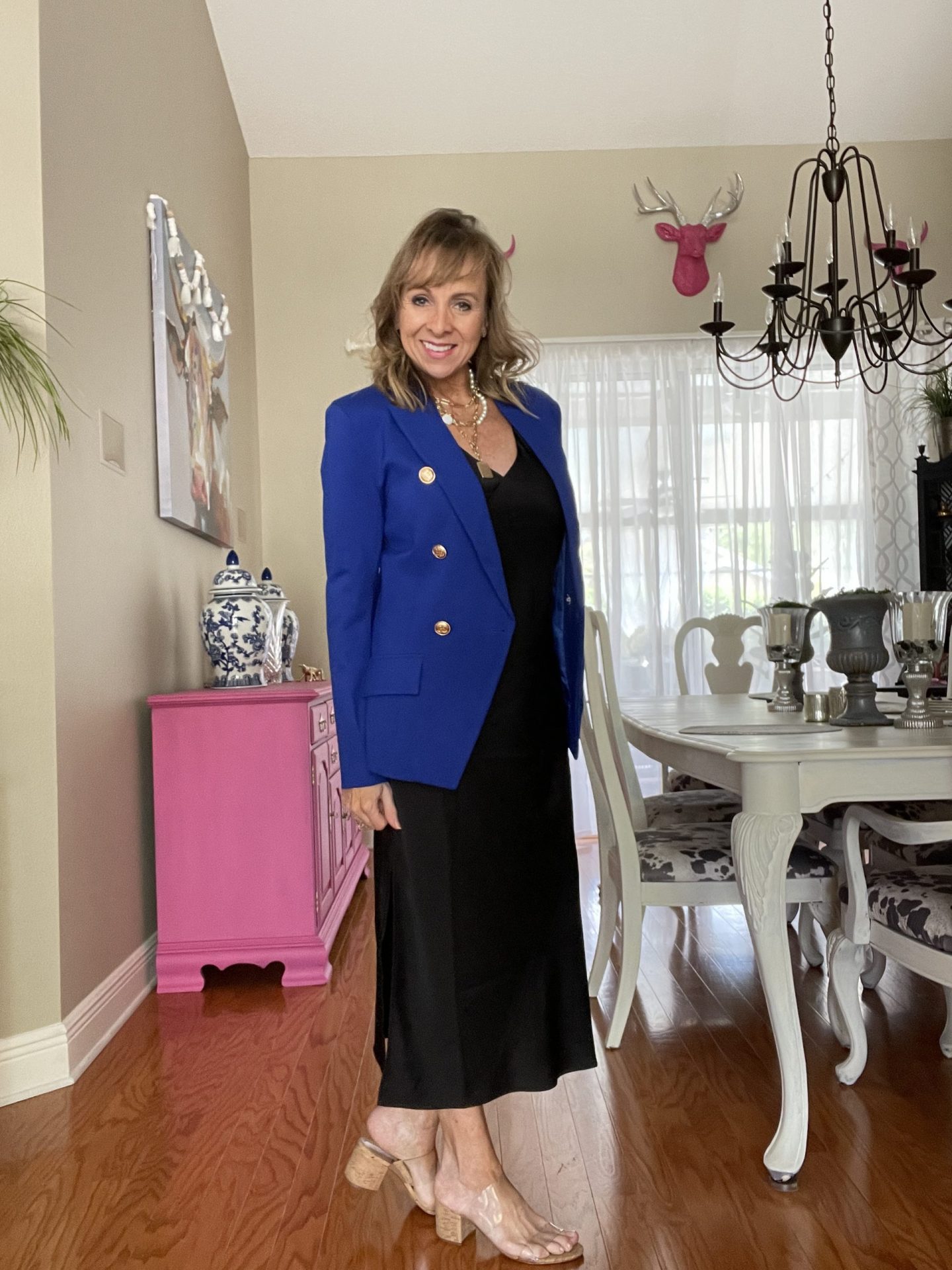 Black Slip Dress + Blue Blazer