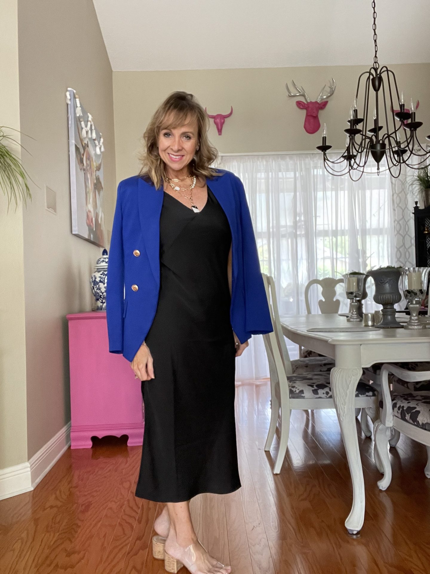 Black Slip Dress + Blue Blazer