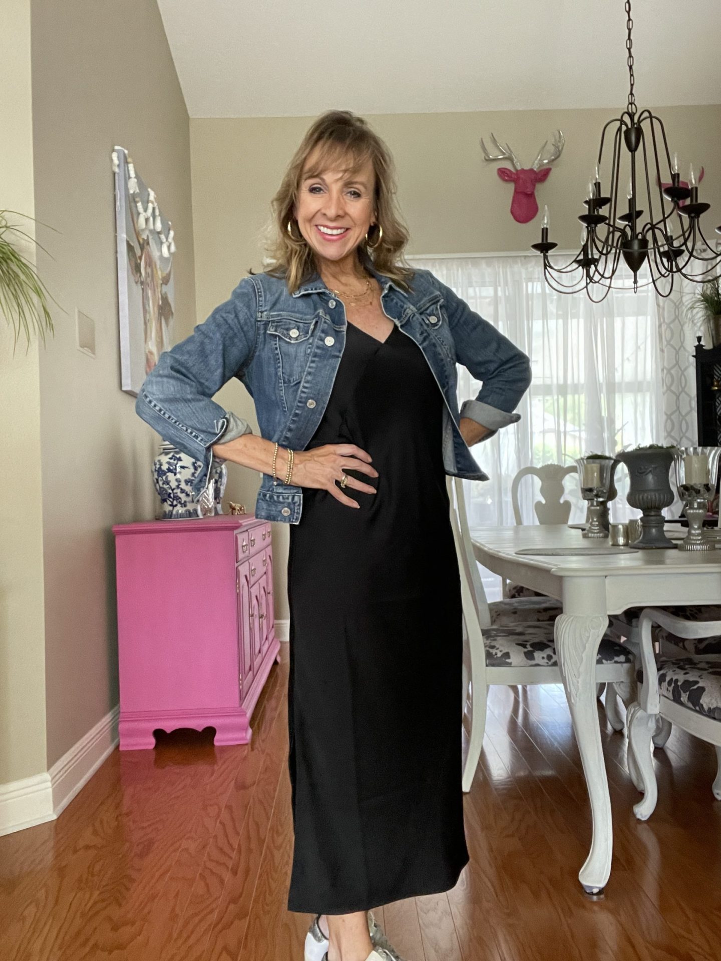 Black Slip Dress + Denim Jacket
