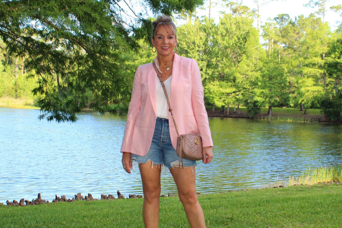 Pink linen blazer + denim shorts