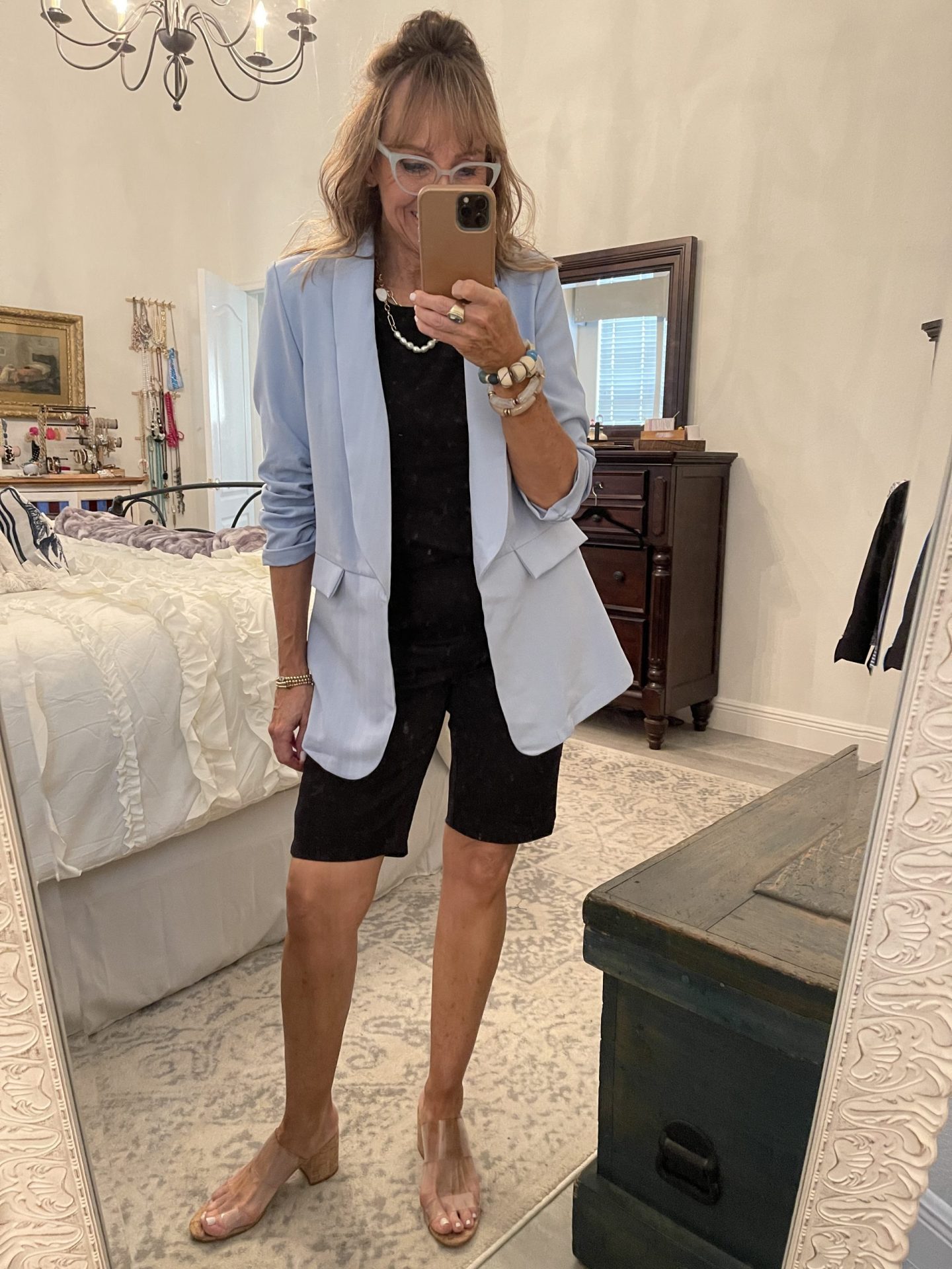 Light Blue Blazer + Black Bermuda Shorts
