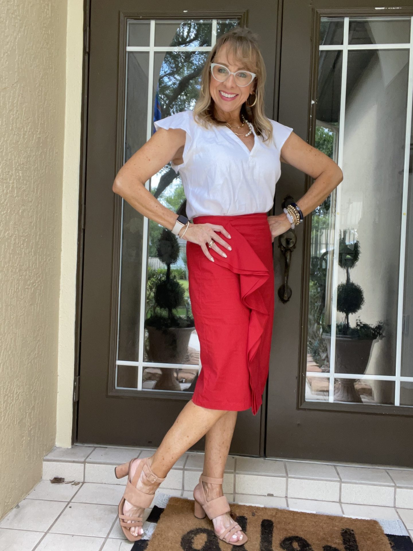 Red Skirt + White Linen Blend Top + Vionic Heels