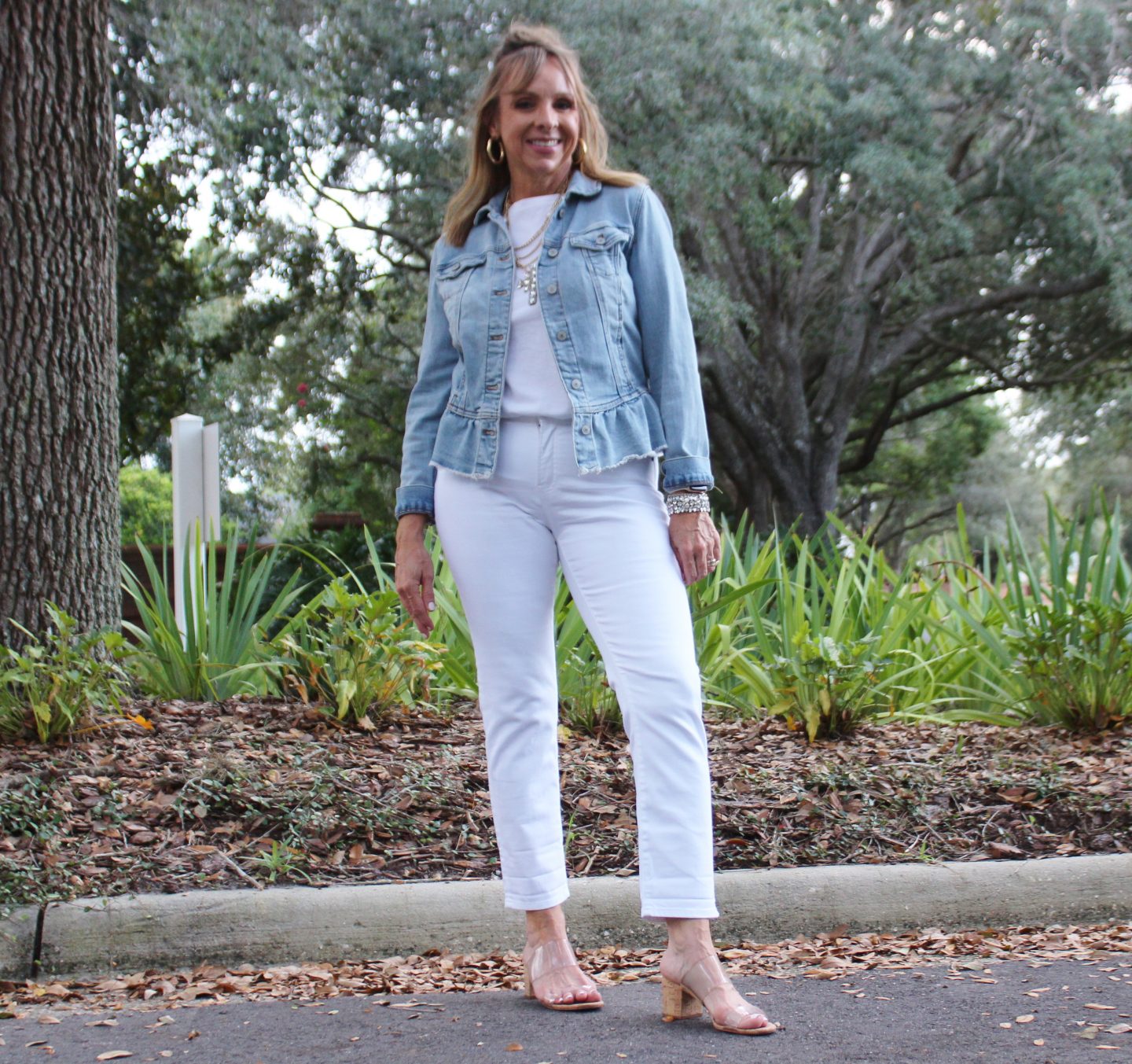 Chico's White No Stain Jeans + White Tee + Denim Jacket