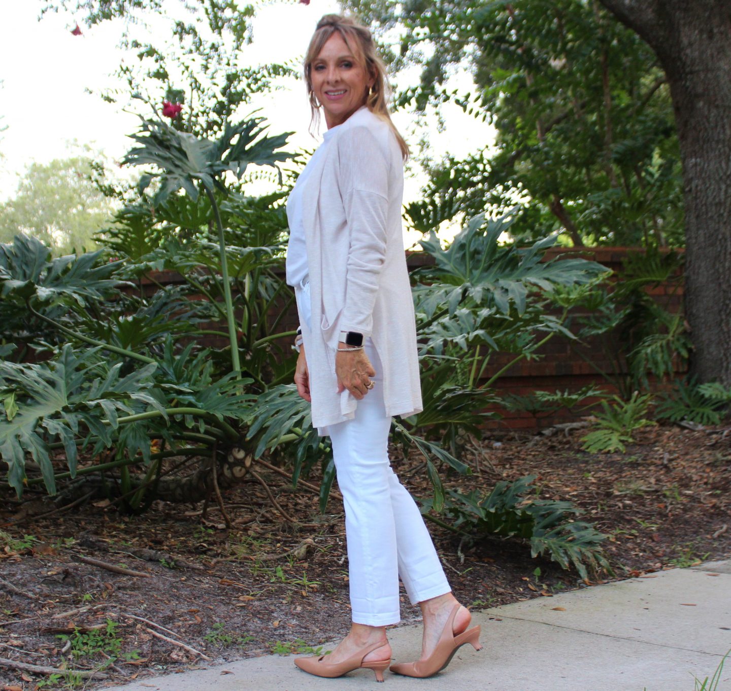 Chico's White No Stain Jeans + White Tee + Long Cardigan