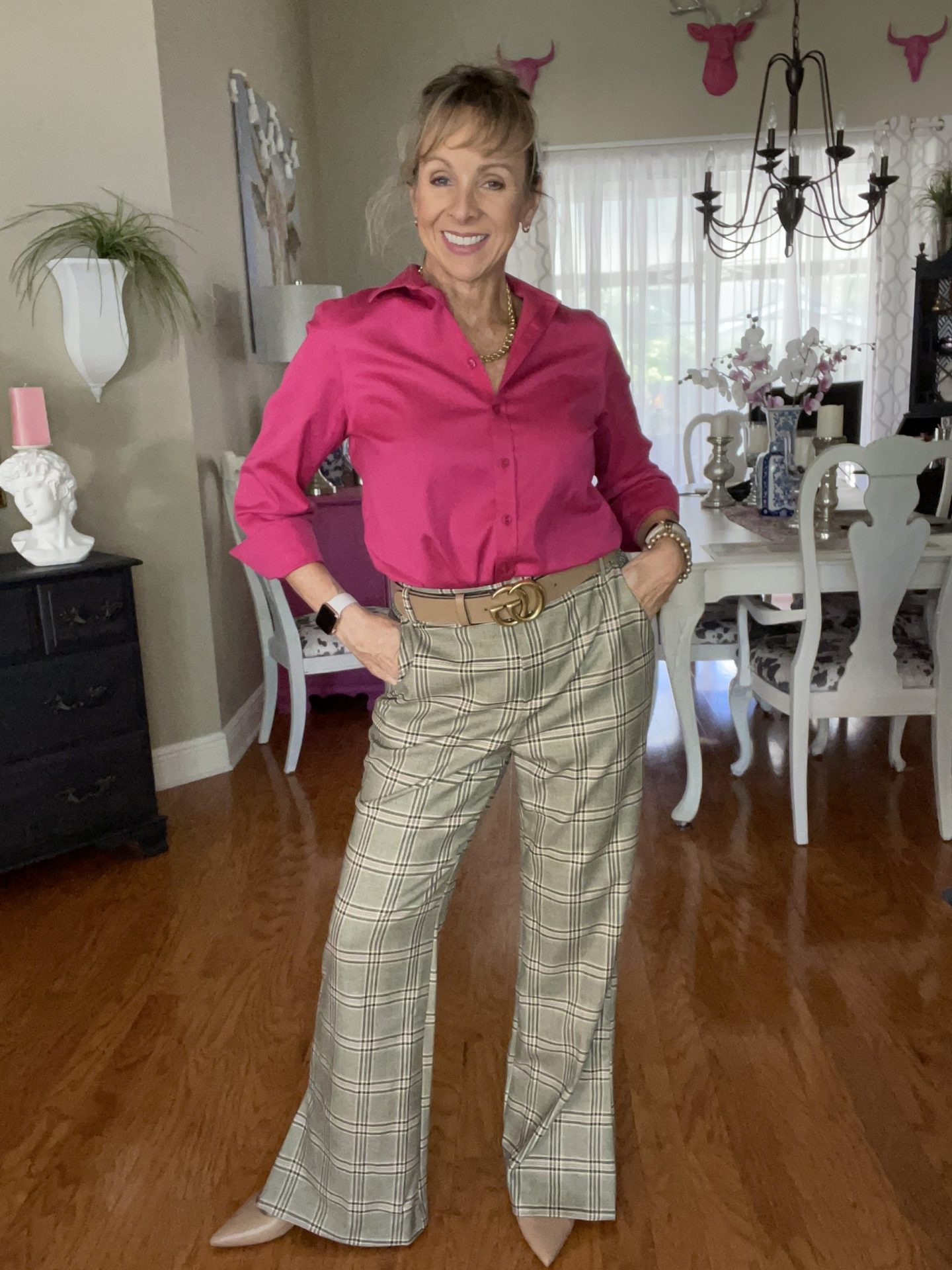 Pink Chico's Blouse + Top Shop Plaid Pants