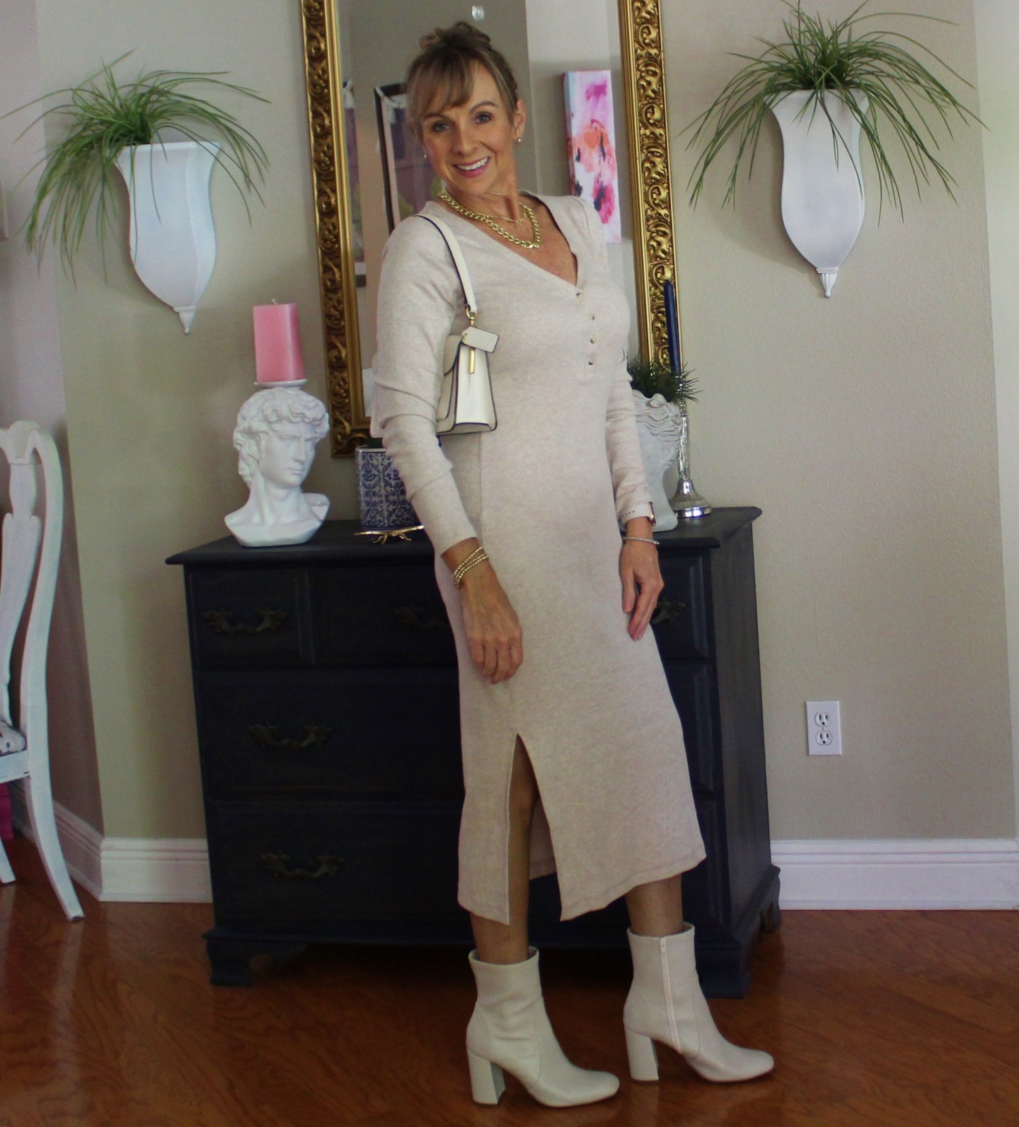 Old Navy Knit Midi Dress + Coach Purse + Target Off White Sock Booties