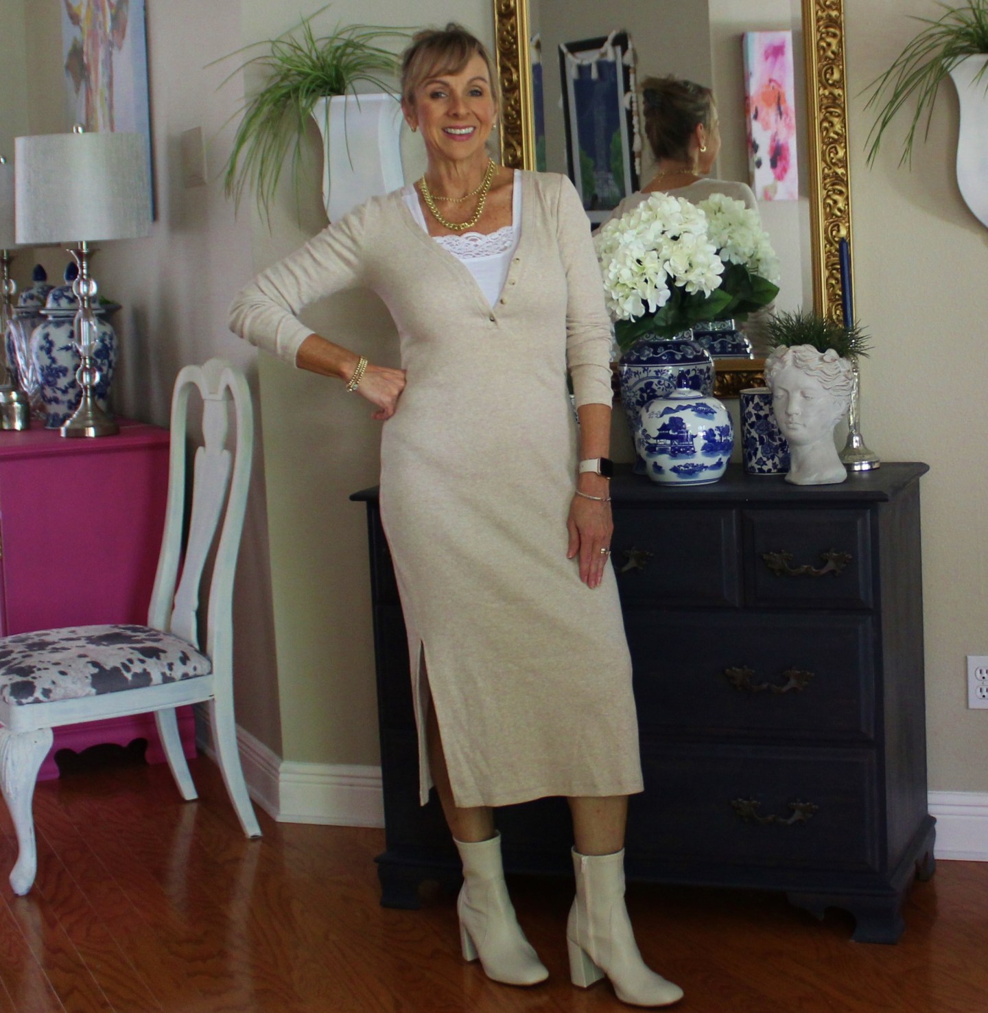 Old Navy Knit Midi Dress + Half Tee + Target Off White Sock Booties