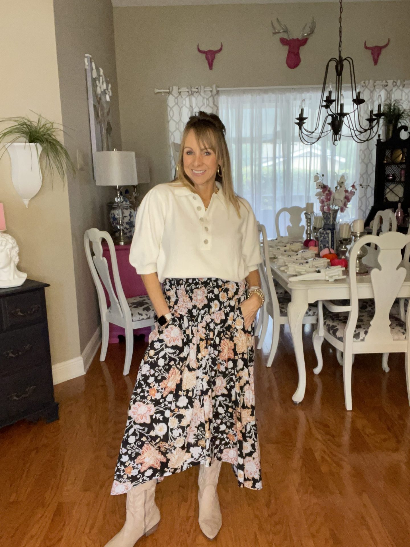 Floral Skirt + Western Boots