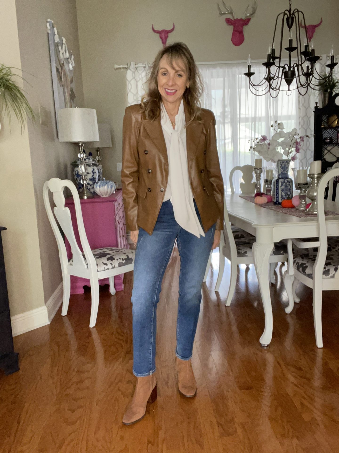 Faux leather blazer + slim straight jeans + tie neck blouse