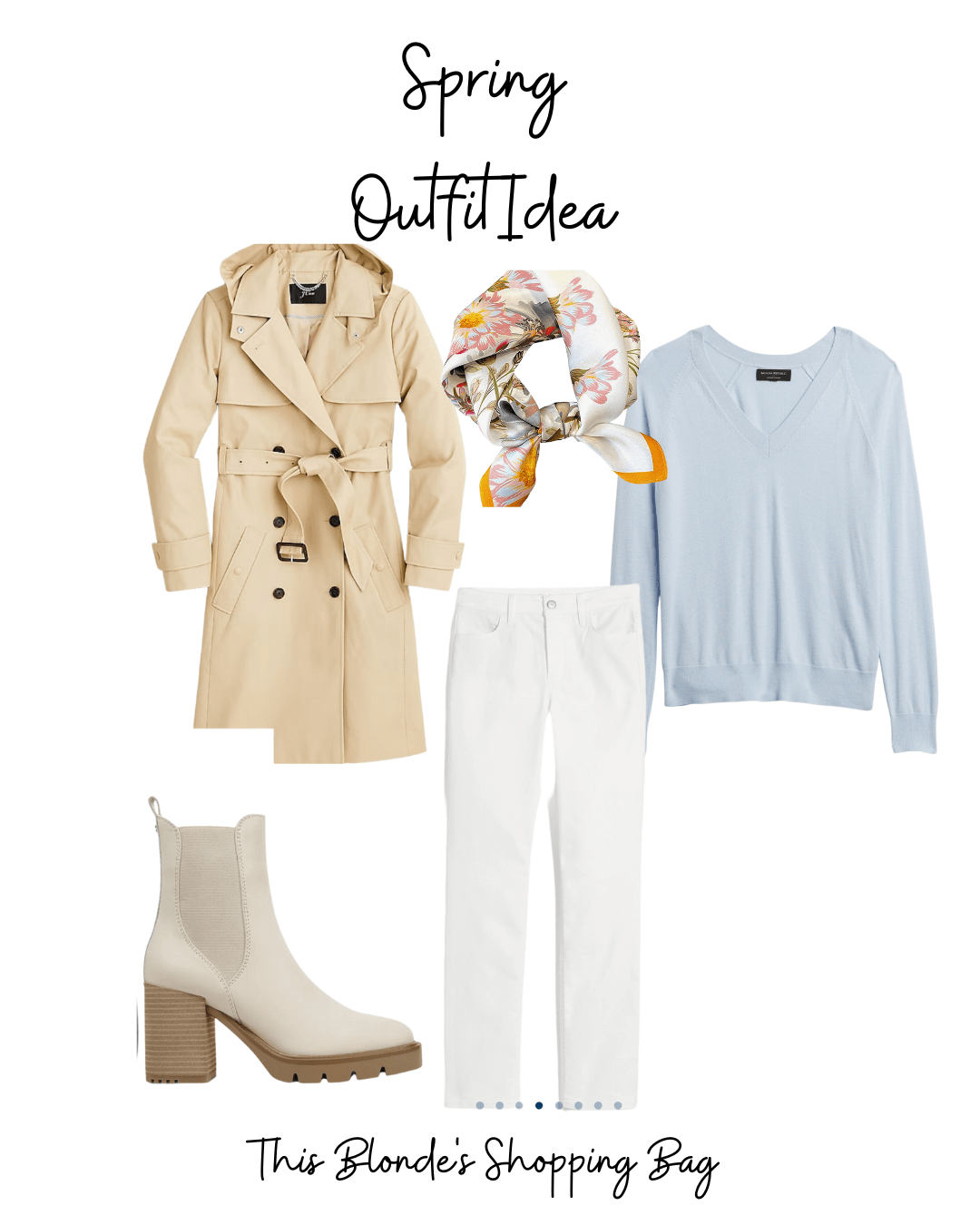 Spring outfit ideas
white denim + trench coat + lightweight sweater +lug sole boots + silk scarf