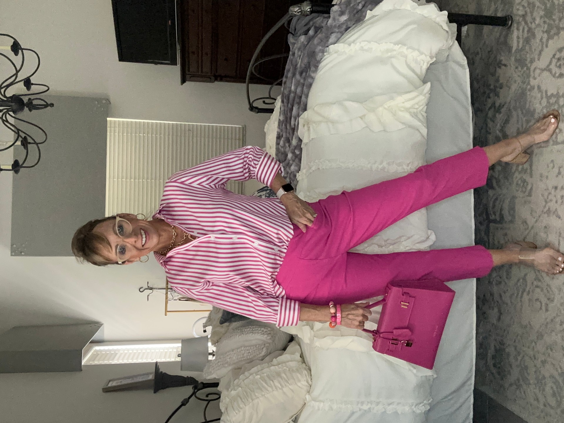 Chico's Pink striped shirt + Pink Brigitte Pants
Chico's is not frumpy